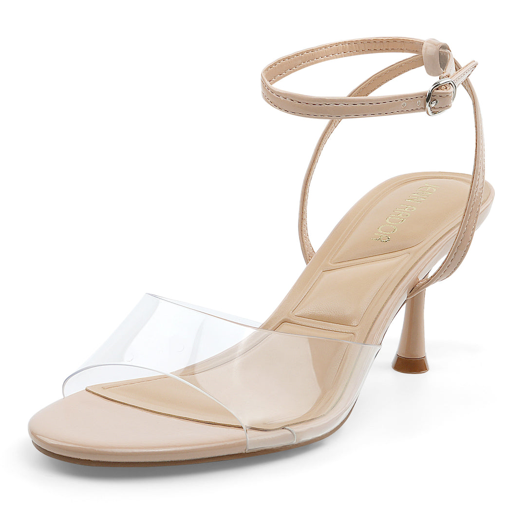Beige high-heeled sandal with clear strap on a white background#color_nude