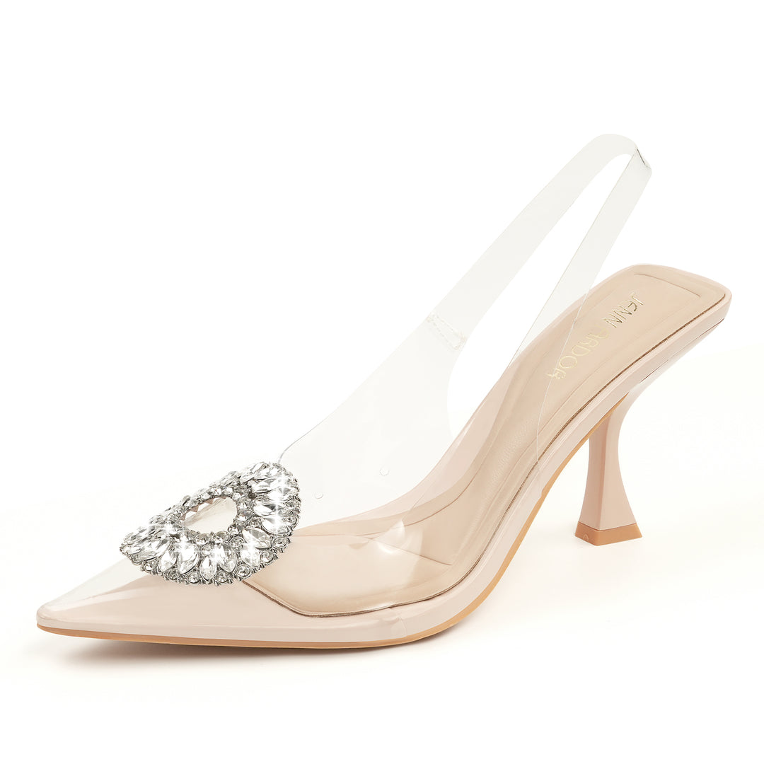 A pair of clear, high-heeled slingback pumps with pointed toes and rhinestone embellishments on the strappy.#color_beige