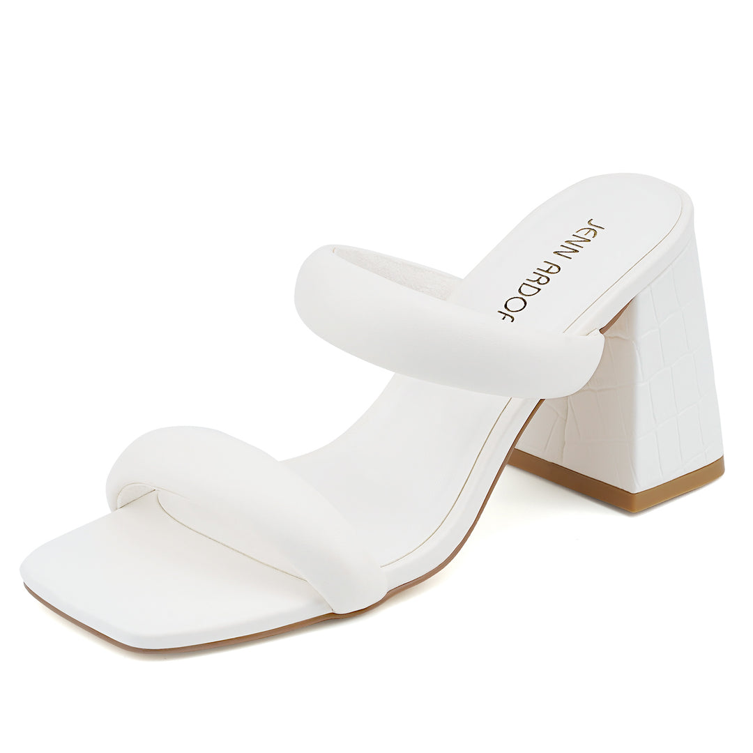 White square toe mule sandal with braided straps - front view#color_white