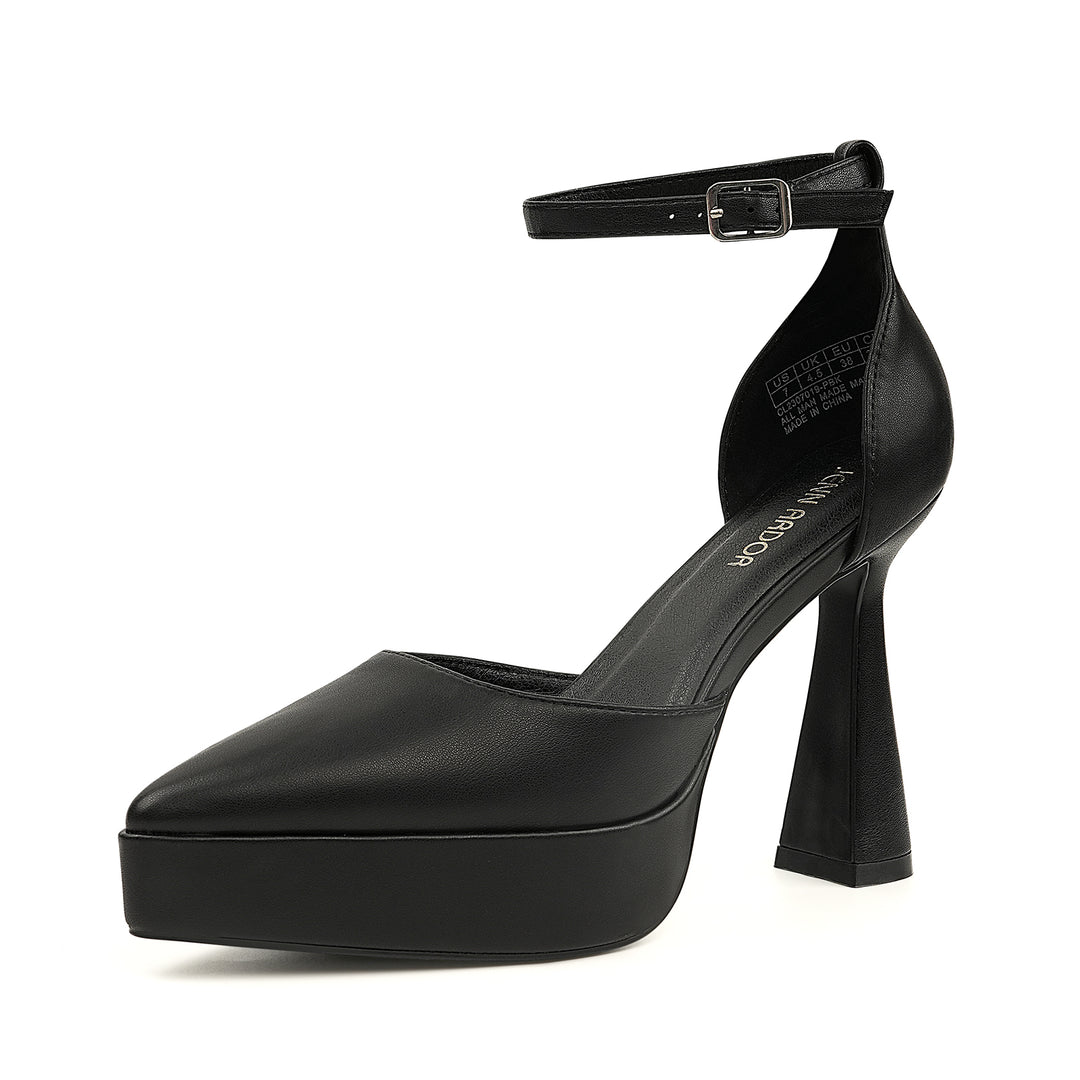 A black faux leather pointed toe high heel pump with a chunky platform and ankle strap.#color_black-pu