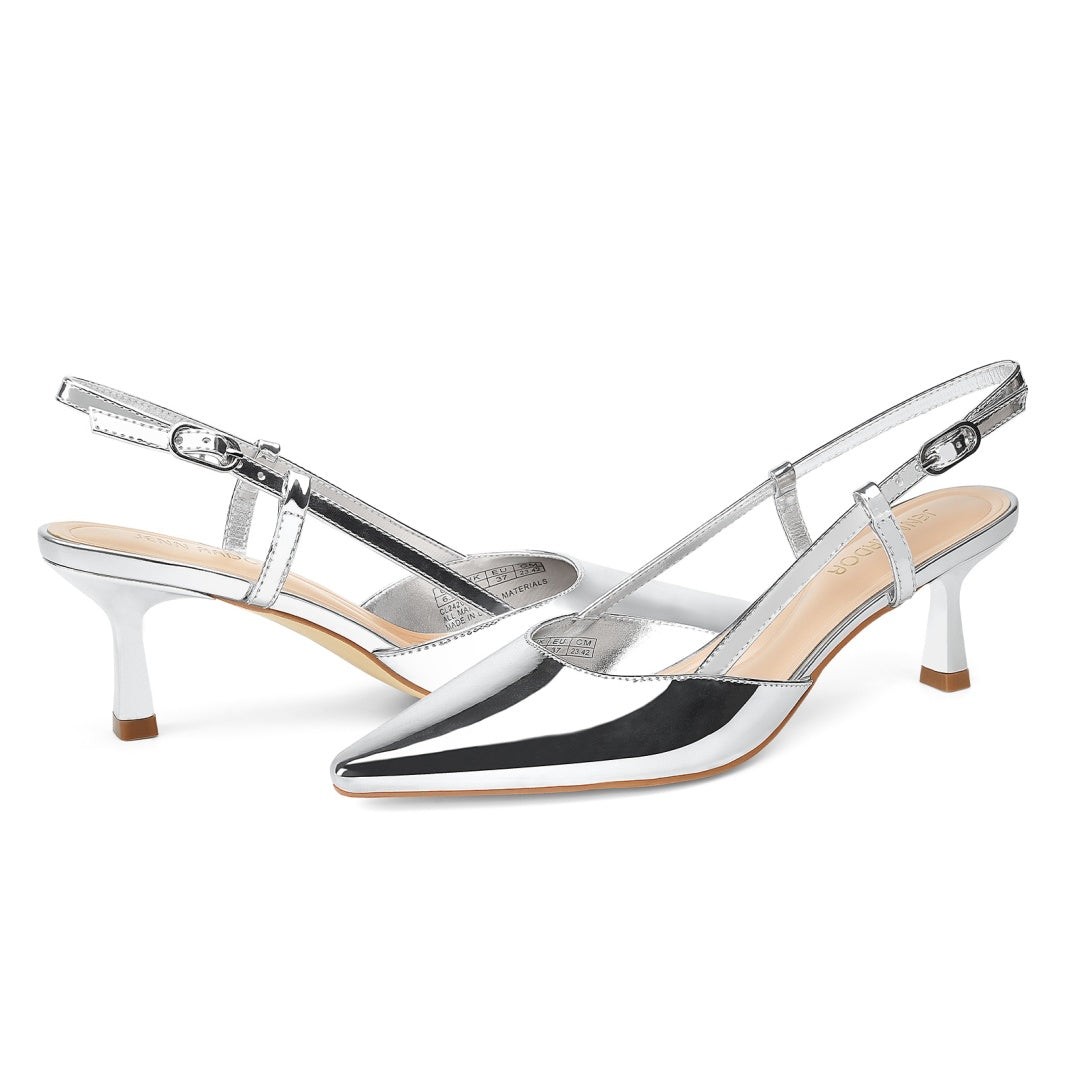 Front view of slingback kitten heel dress pumps#color_silver