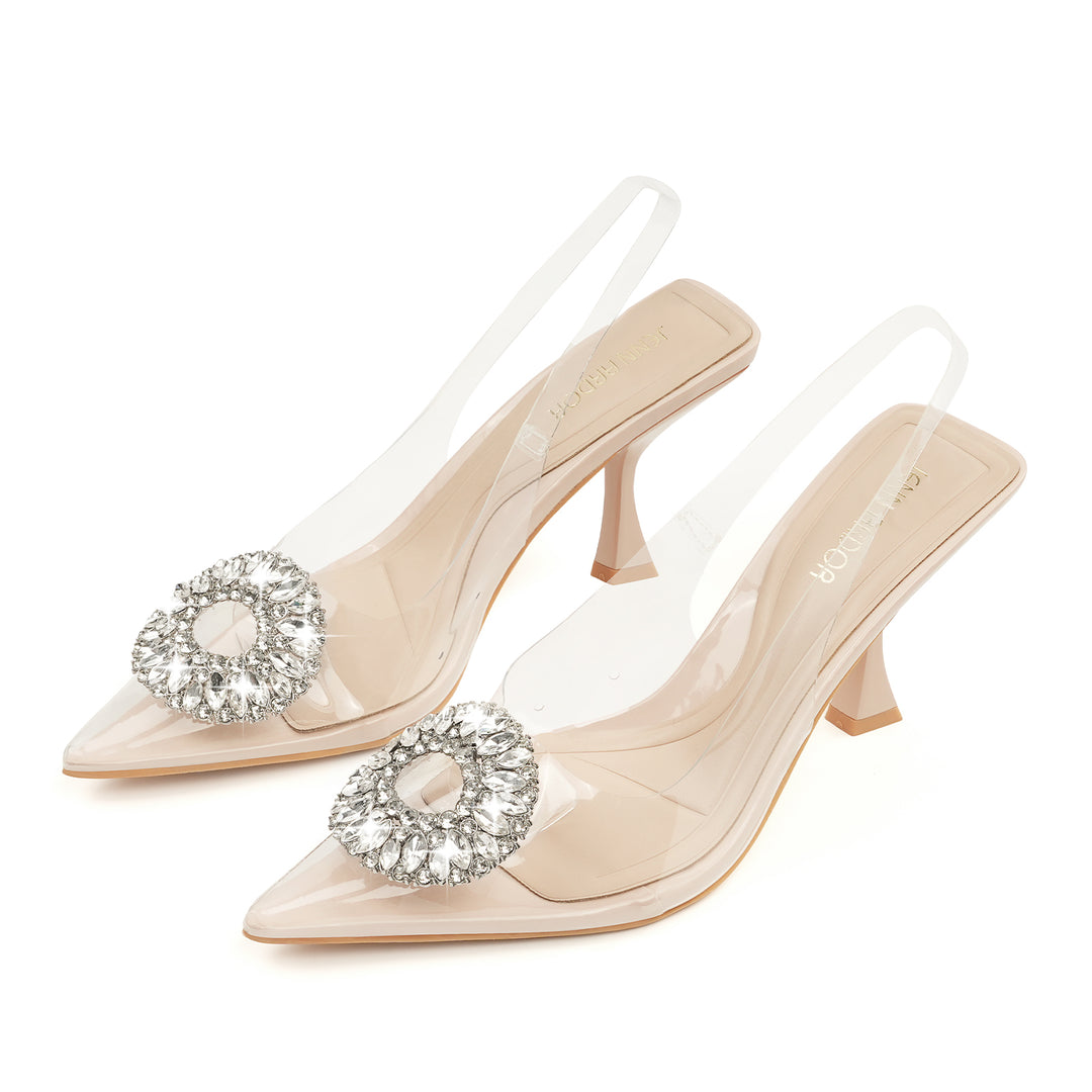 JENN ARDOR Slingback Pumps Pointed Closed Toe Transparent Heels with Rhinestones Comfortable Clear Stiletto Strappy High Heeled Sandals Wedding Dress Shoes for Women