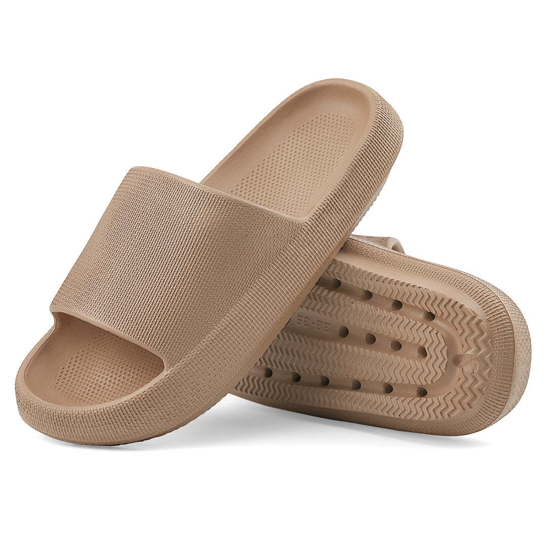 Pair of beige slides on a white background#color_brown