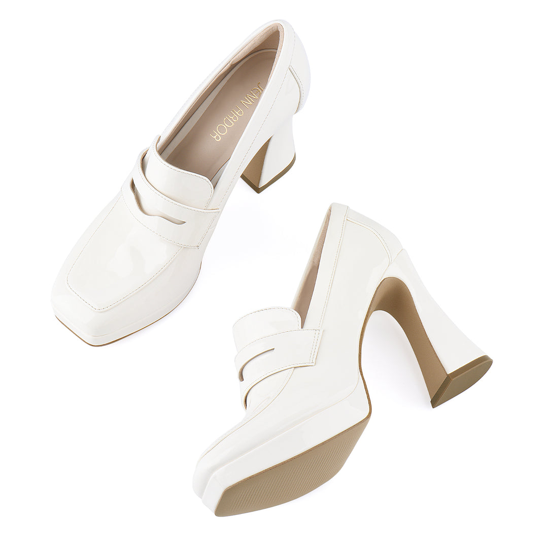 JENN ARDOR Women's Platform Loafer Heels Square Closed Toe Chunky Block High Penny Loafers Pumps Elegant Comfort Casual Slip On Wedding Dress Shoes
