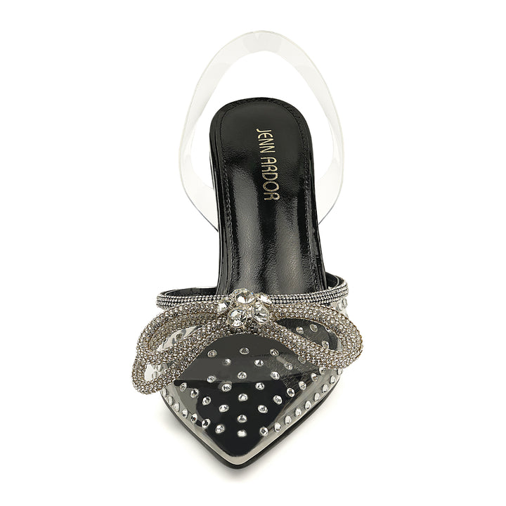 JENN ARDOR Women's Clear Heels Pointed Toe Kitten Heel Bow Pumps Rhinestone Strap Slingback Wedding Party Dress Shoes