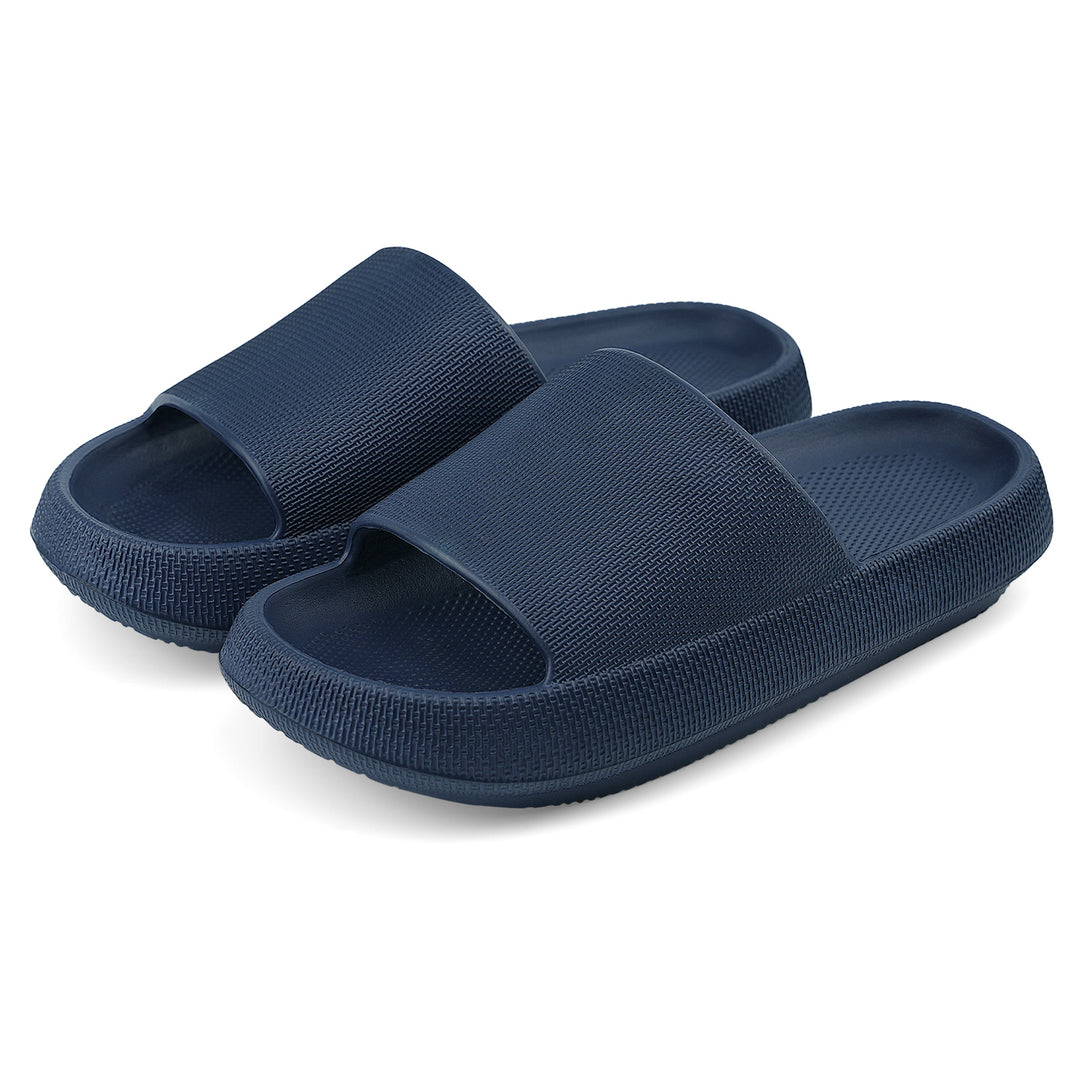 Pair of navy blue slides on a white background#color_navy