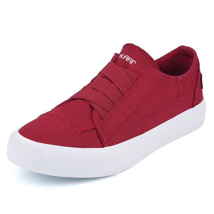 Red slip-on sneaker with white sole on a white background#color_red
