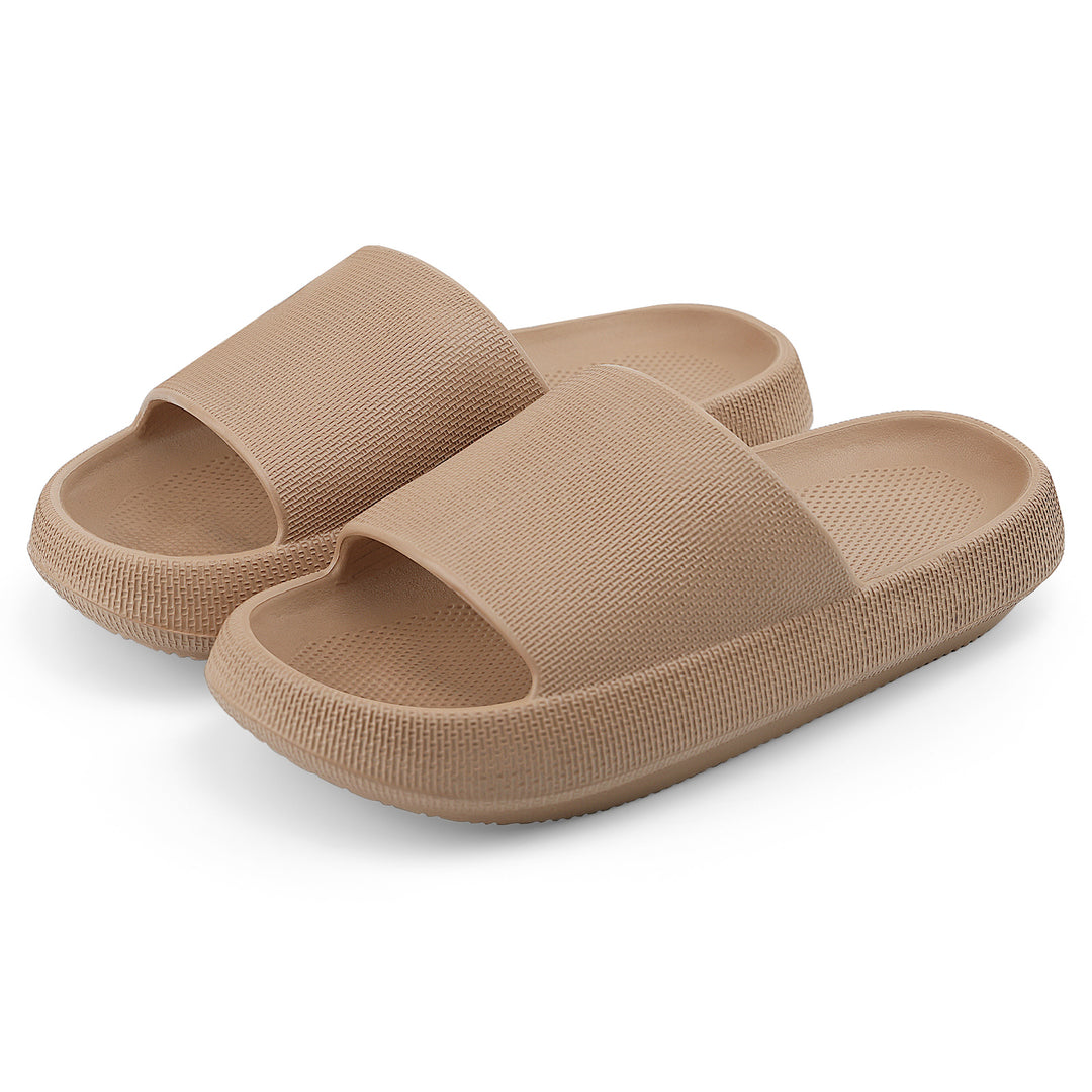 Pair of beige slides on a white background#color_brown