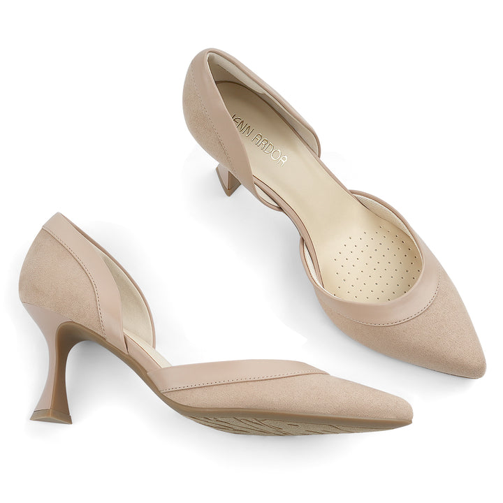 Pair of beige high-heeled shoes on a white background#color_nude-suede