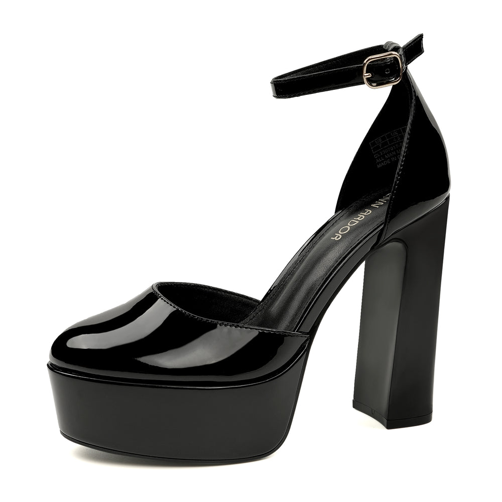 A black faux leather platform heel pump with an ankle strap and chunky high heel, suitable for dressy occasions such as weddings or parties.#color_black-mirror