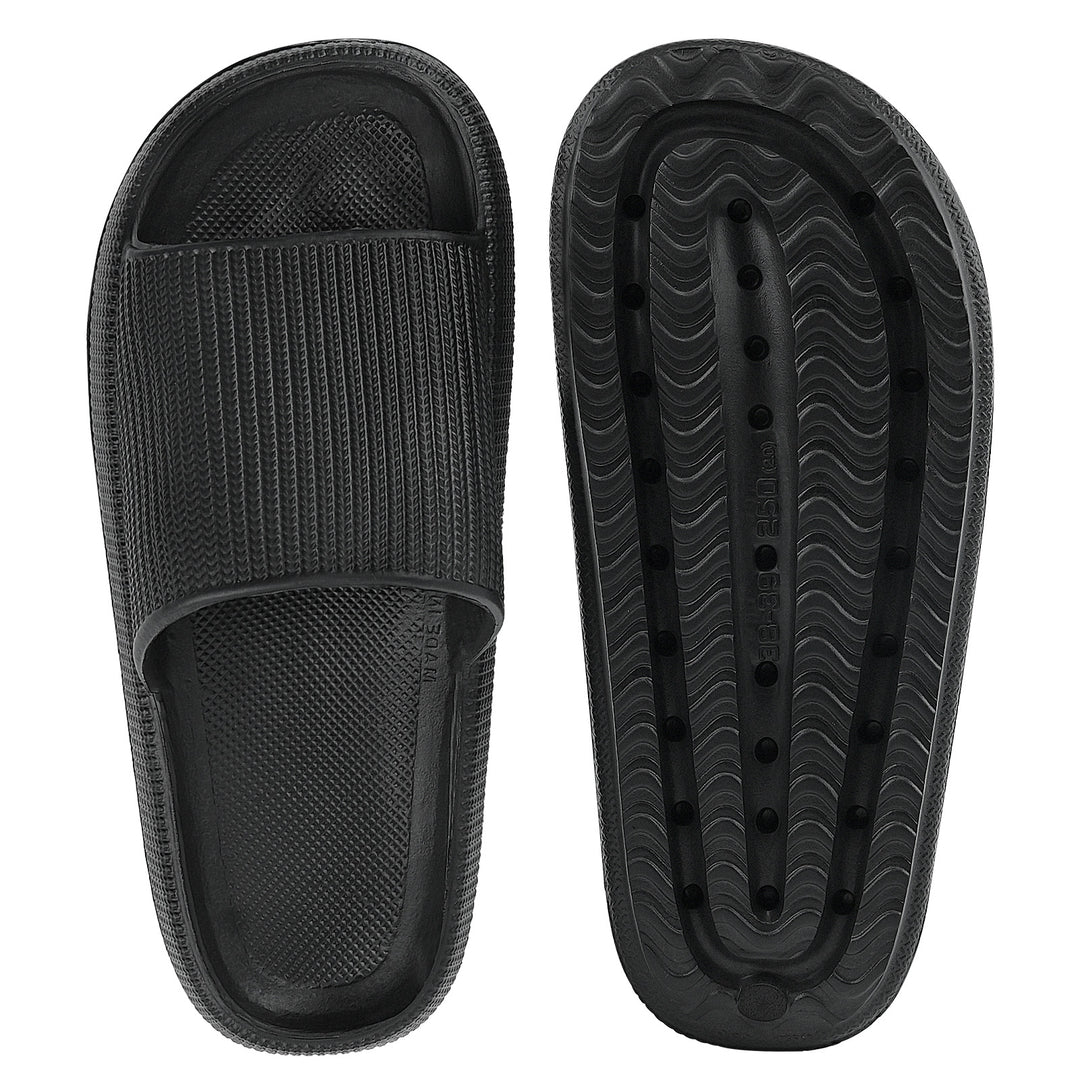 A pair of black slide sandals shown from the top and bottom views against a plain white background.#color_herringbone-black