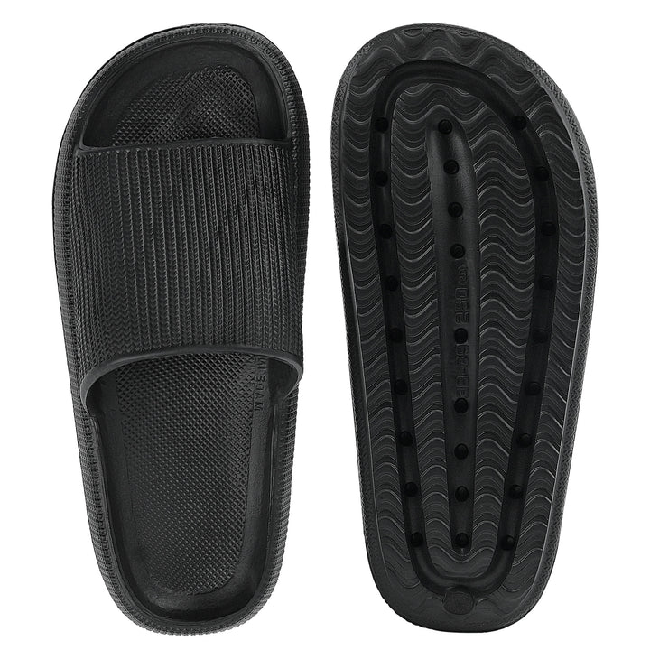 A pair of black slide sandals shown from the top and bottom views against a plain white background.#color_herringbone-black