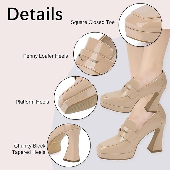JENN ARDOR Women's Platform Loafer Heels Square Closed Toe Chunky Block High Penny Loafers Pumps Elegant Comfort Casual Slip On Wedding Dress Shoes