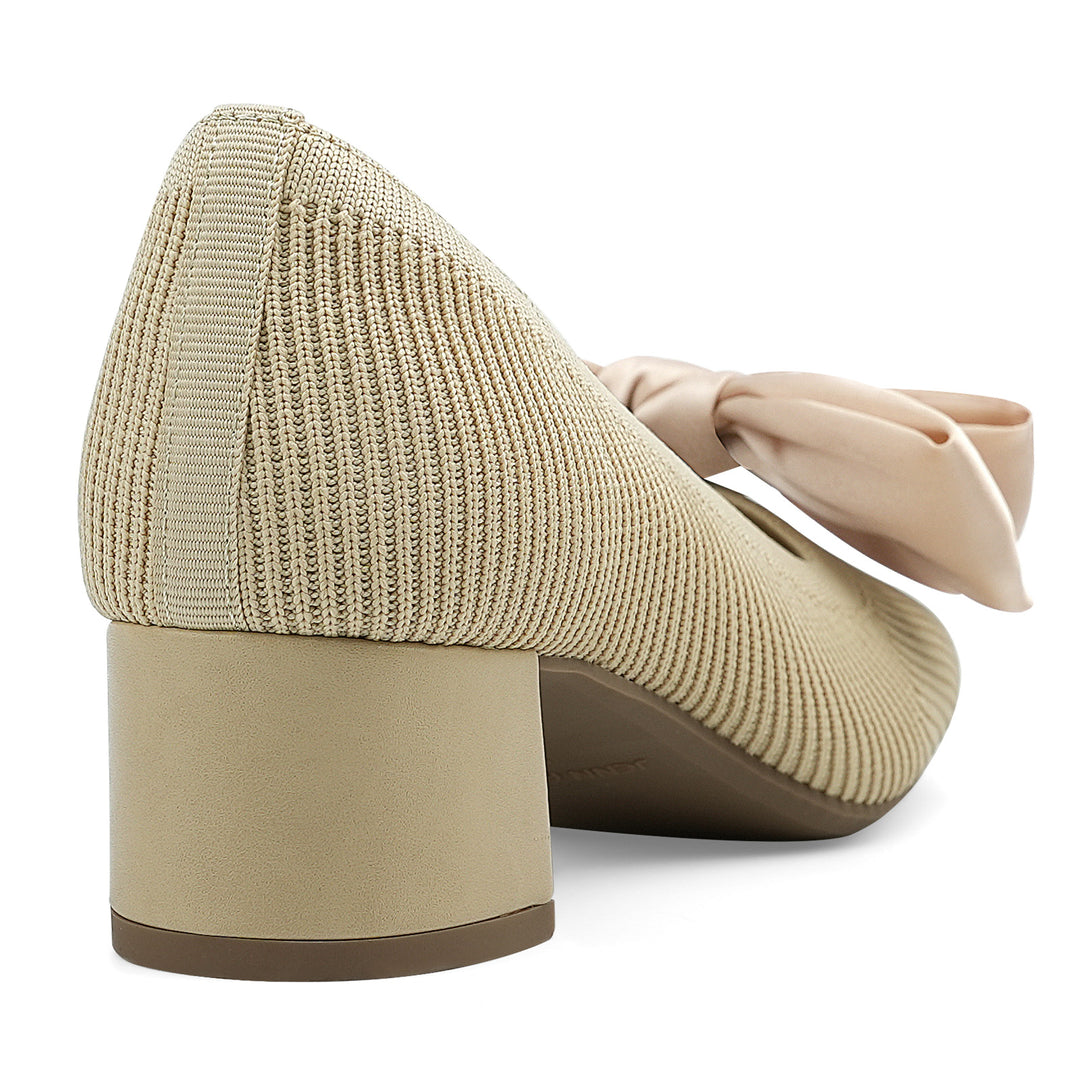 Beige knitted shoe with a block heel on a white background#color_beige