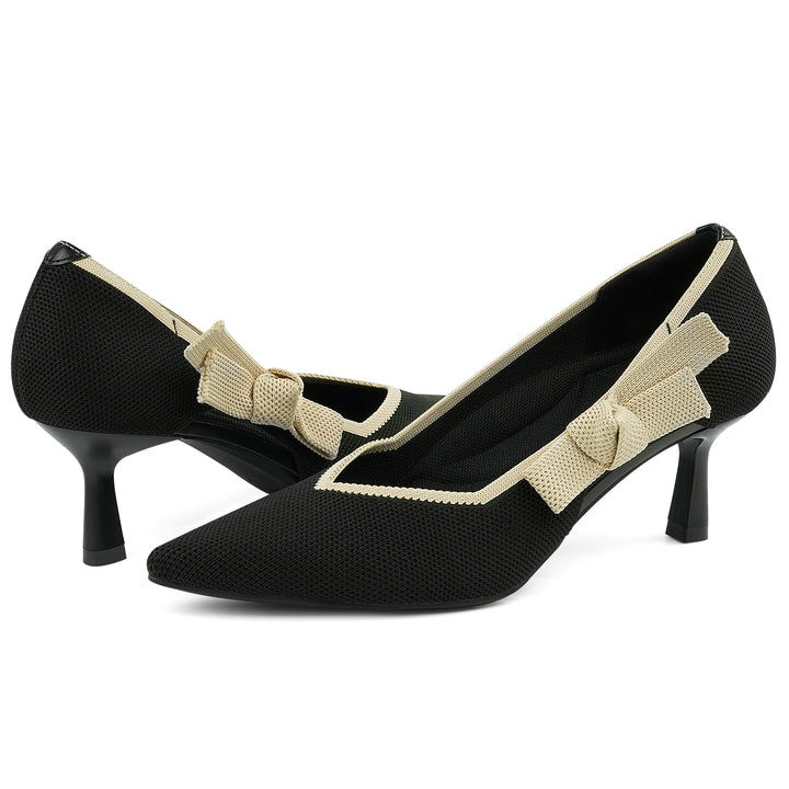 Black high-heeled shoes with beige bow details on a white background#color_black