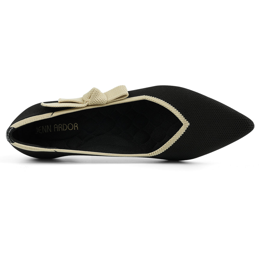 Black shoe with beige bow and 'Kerrin Ardor' branding on a white background#color_black