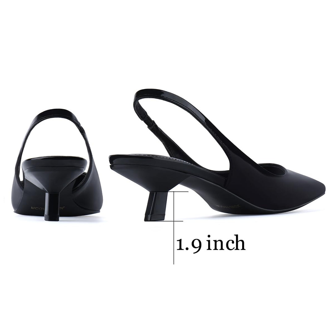 Back view showing elastic slingback and heel of pointed kitten pumps#color_black