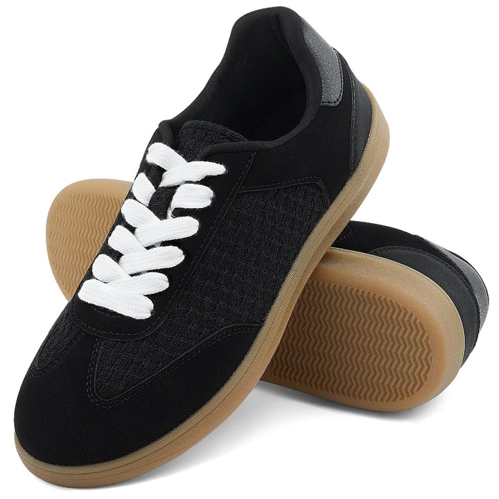 Front view of women's woven low top casual sneakers#color_black
