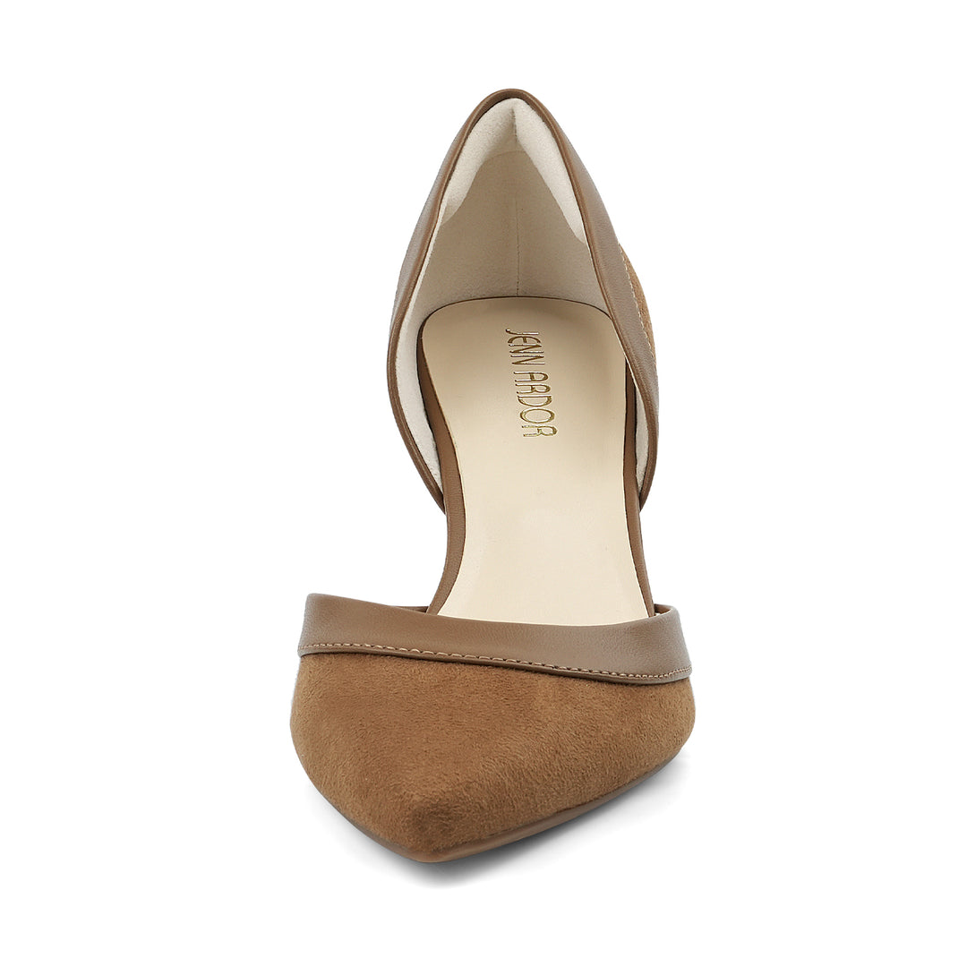 Front view of pointed‑toe kitten heel pumps for women#color_brown