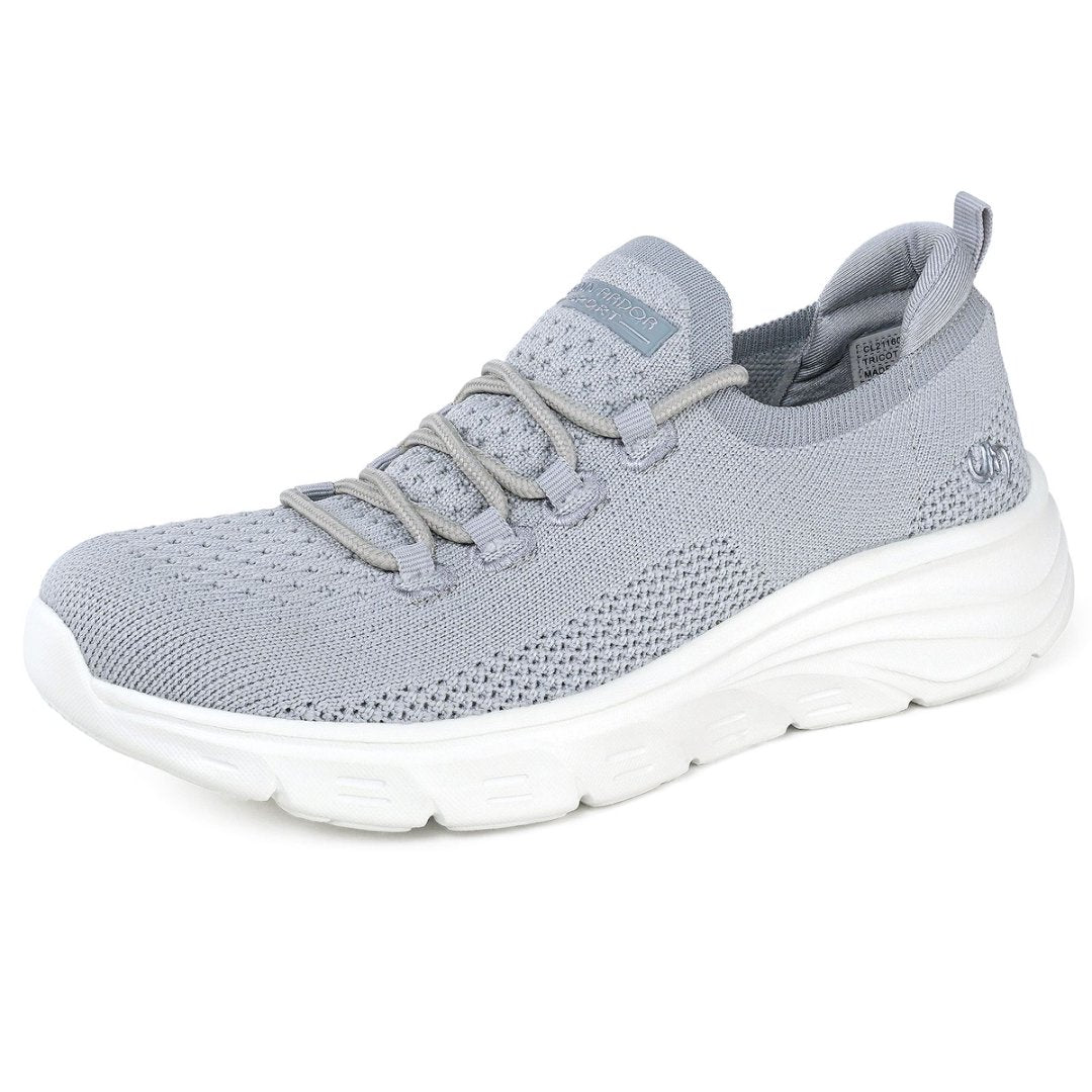 Gray athletic shoe with white sole on a white background#color_grey
