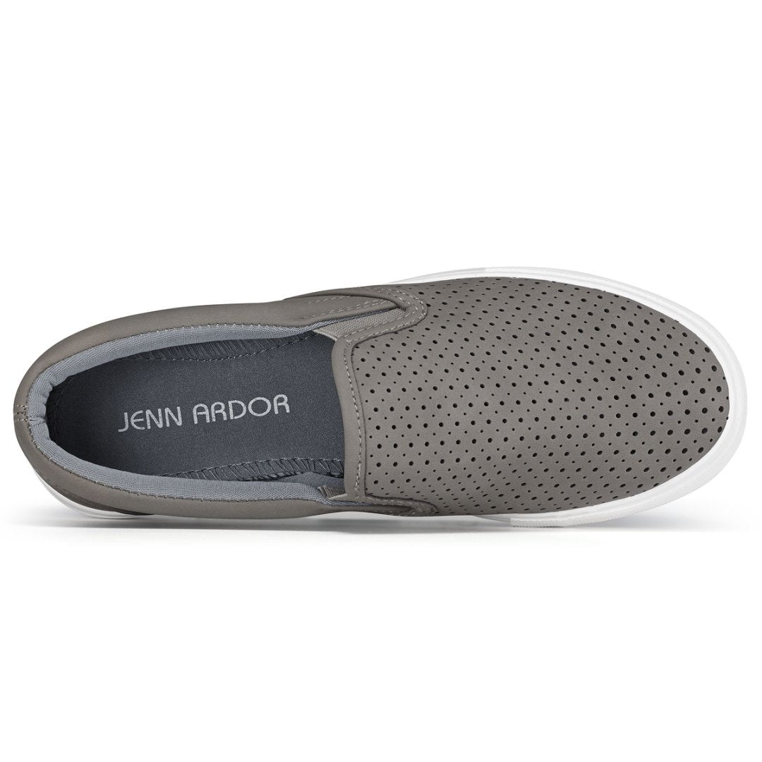 Gray slip-on shoe with 'Jenn Ardor' branding on a white background#color_grey
