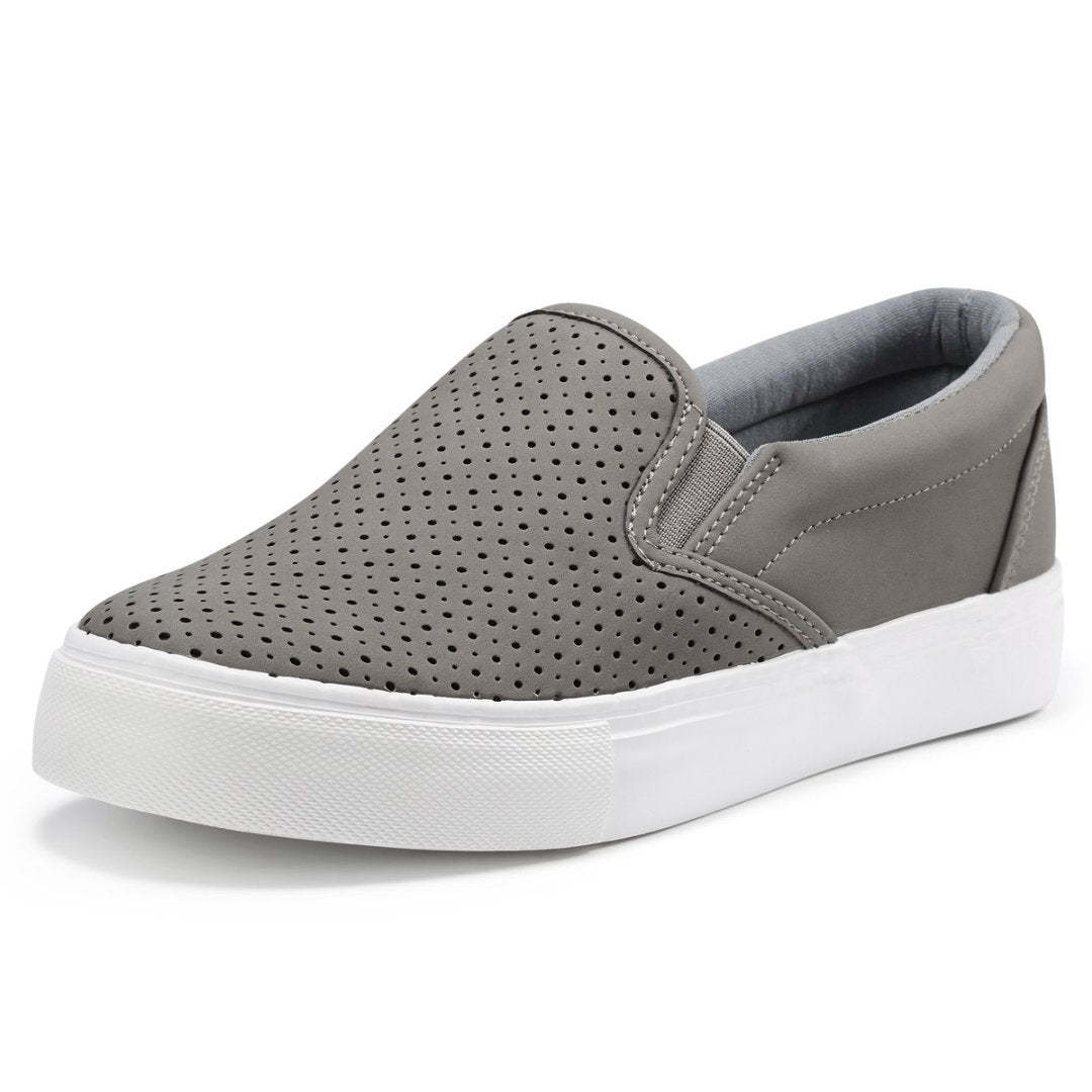 Gray slip-on sneaker with white sole on a white background#color_grey