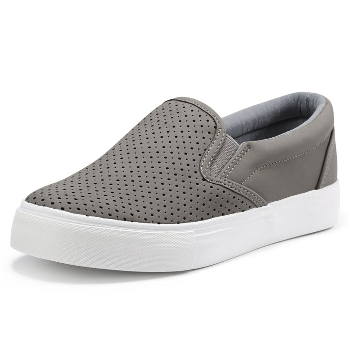 Gray slip-on sneaker with white sole on a white background#color_grey
