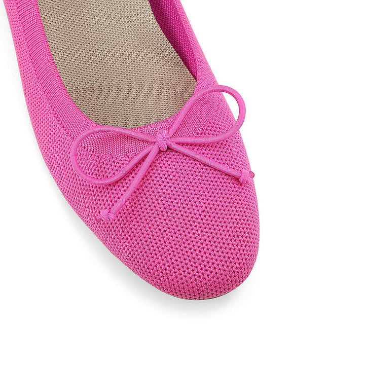 close up view of knit round toe dressy bow pumps for women#color_pink
