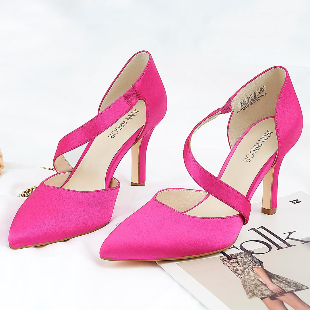 JENN ARDOR Women Stiletto Ankle Strap Pointed Toe Pumps#color_fluorescent-pink