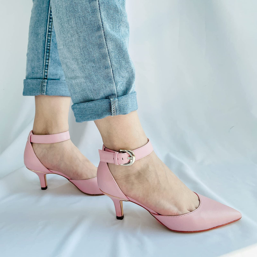 Women Ankle Strap Kitten Heels#color_pink