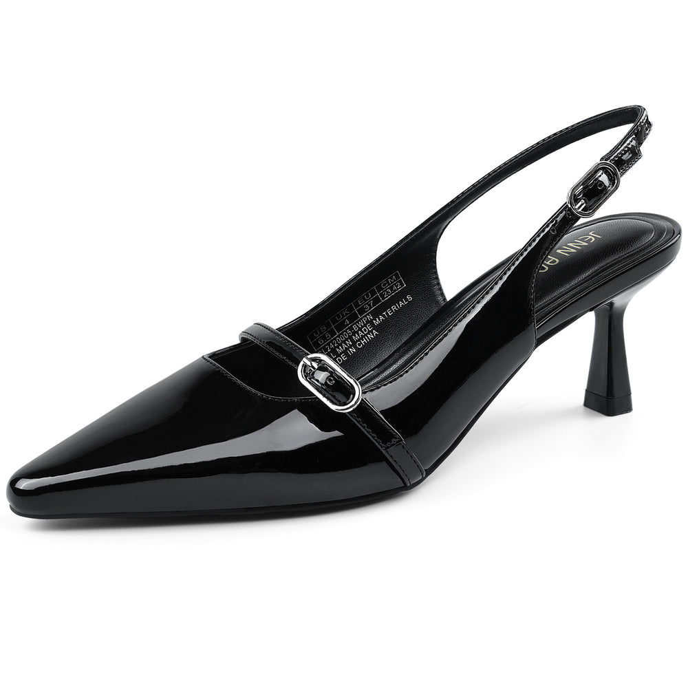 Black patent leather slingback shoe on a white background#color_black