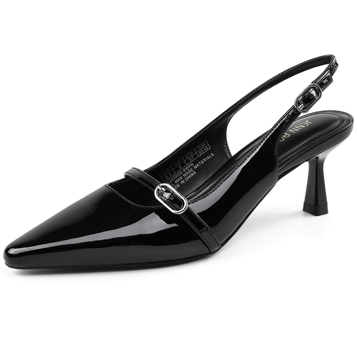 Black patent leather slingback shoe on a white background#color_black