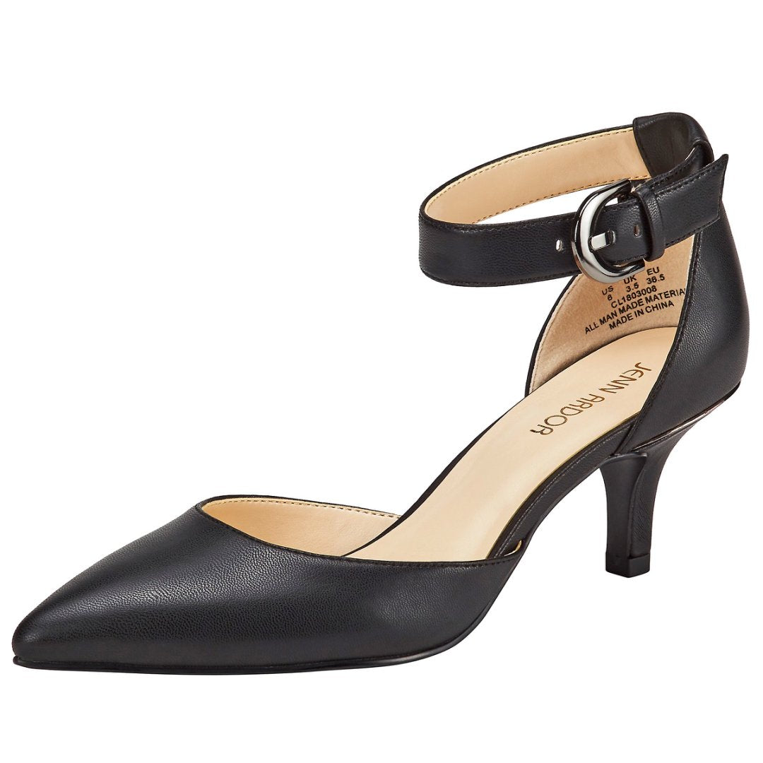 Black high-heeled shoe with ankle strap on a white background#color_black