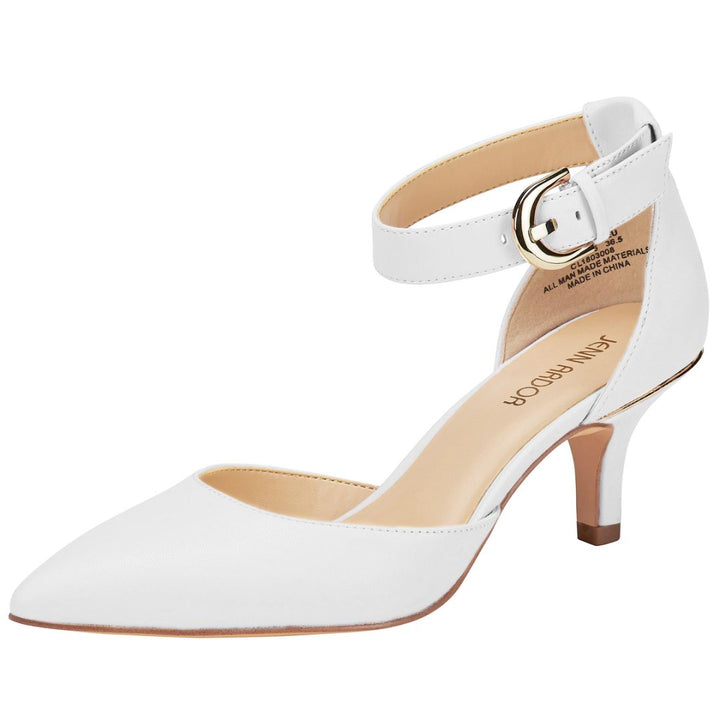 White high-heeled shoe with a strap and gold buckle on a white background.#color_white