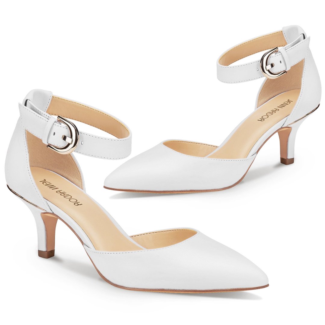 White high-heeled shoes with ankle straps on a white background#color_white