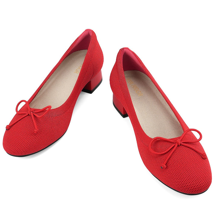 Front view of JENN ARDOR low block heel knit pumps red bow#color_red
