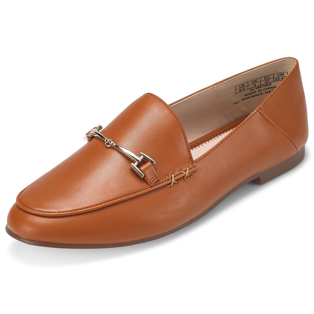 Brown loafer shoe with a decorative buckle on a white background#color_brown