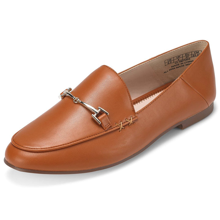 Brown loafer shoe with a decorative buckle on a white background#color_brown