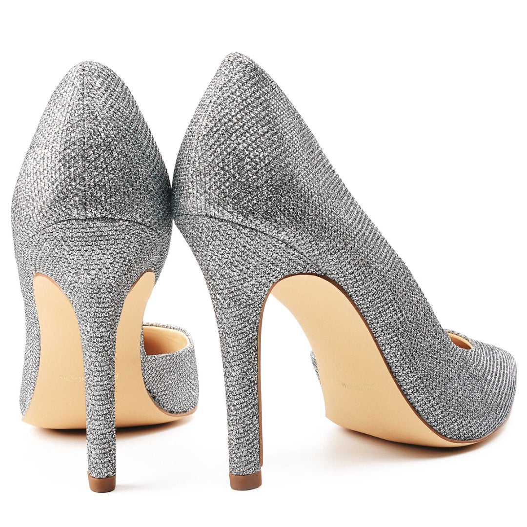 Silver glitter high-heeled shoes on a white background#color_silver