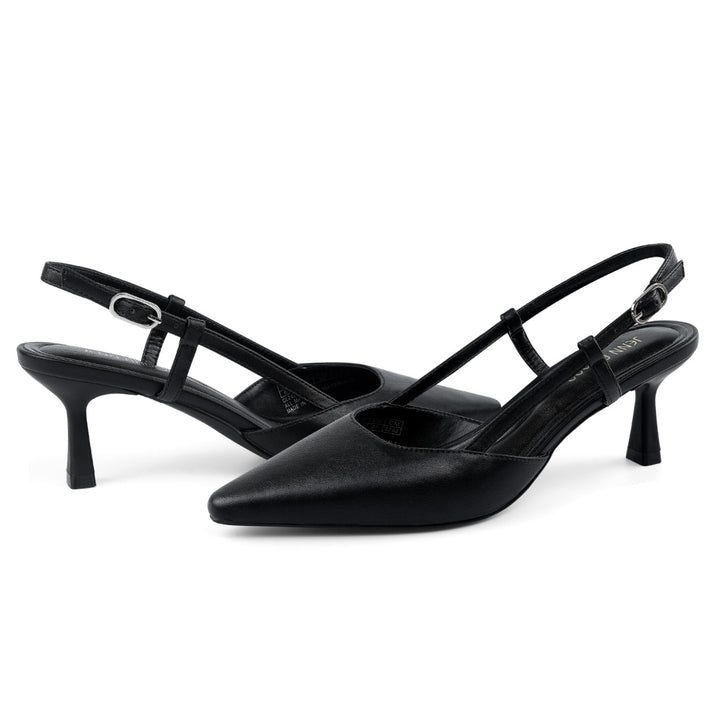 Front view of slingback kitten heel dress pumps#color_black