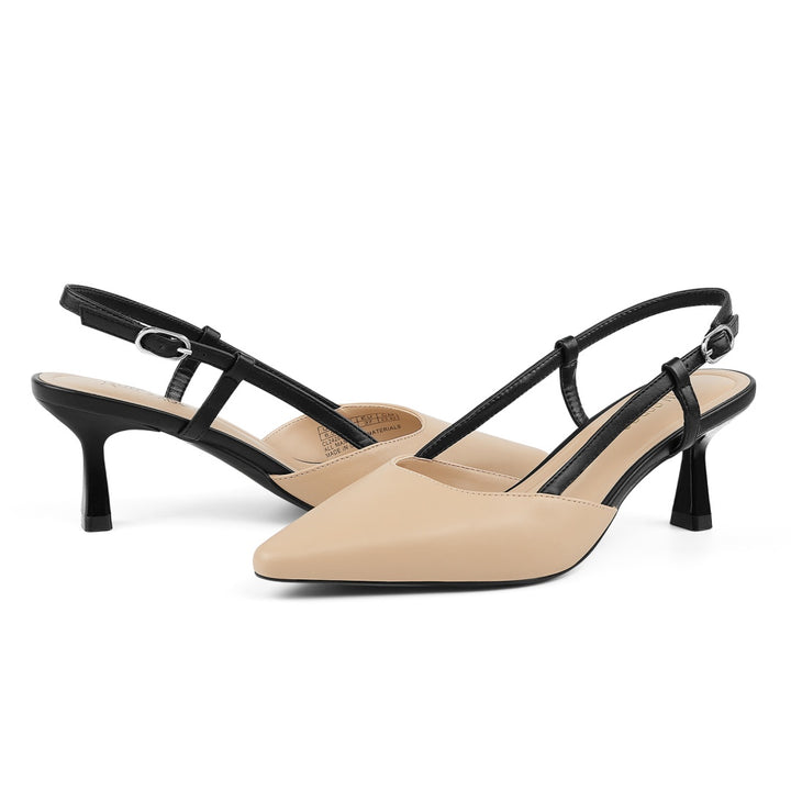 Front view of slingback kitten heel dress pumps#color_nude-black