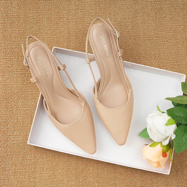 Front view of slingback kitten heel dress pumps#color_nude