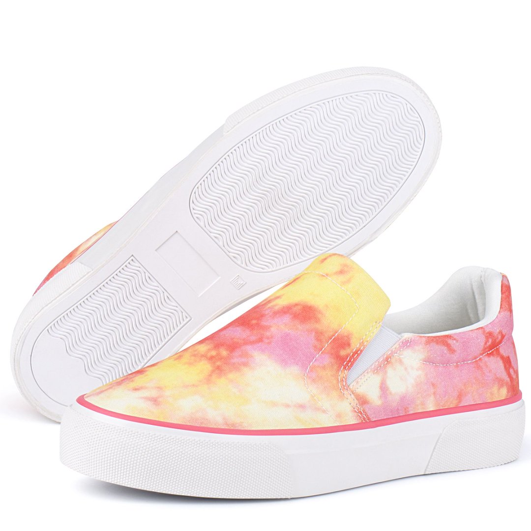 Tie-dye slip-on sneakers with white soles on a white background#color_pink-yellow