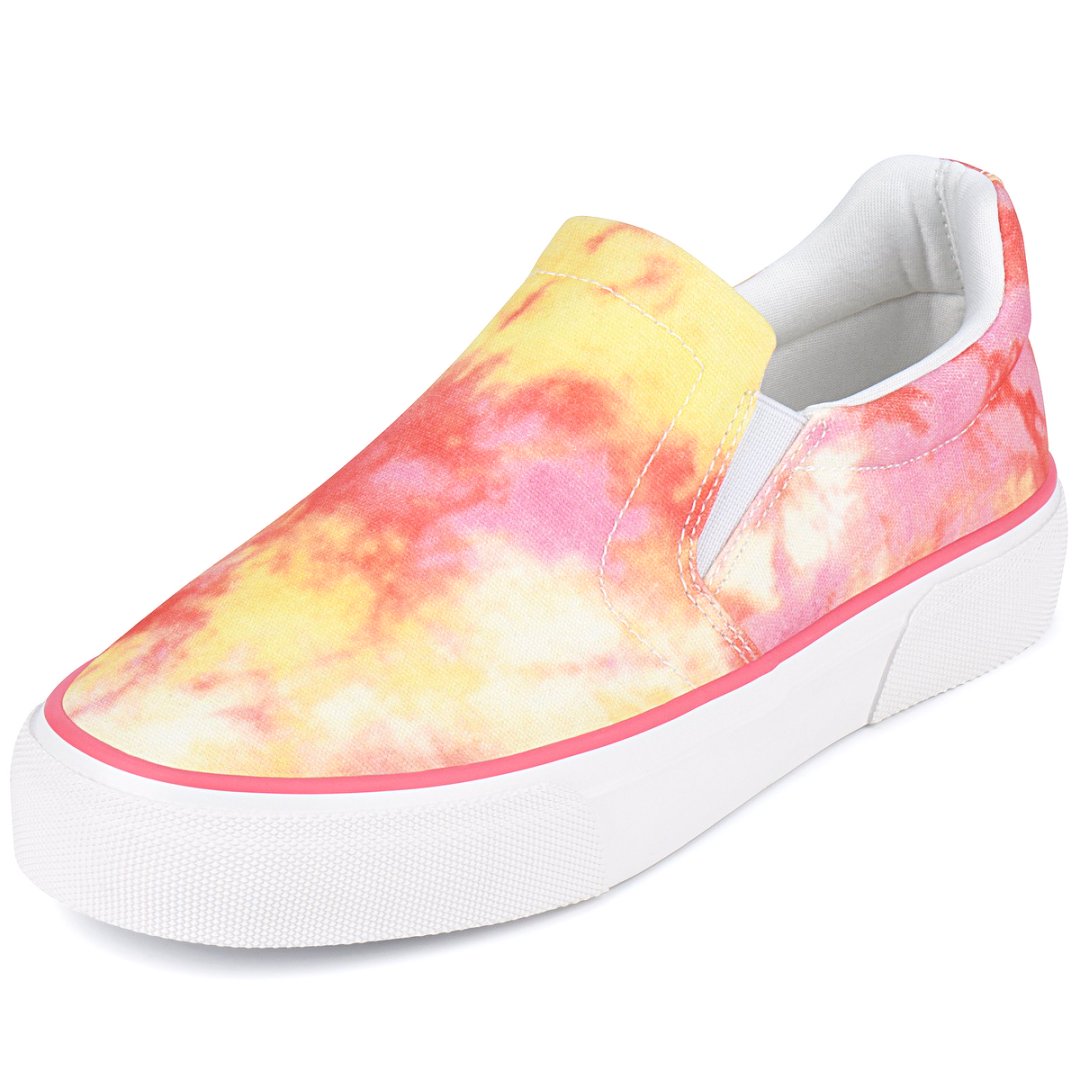 Colorful tie-dye slip-on shoe with a white sole on a white background#color_pink-yellow