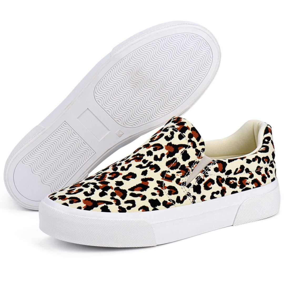 Leopard print slip-on sneakers with white soles on a white background#color_spot