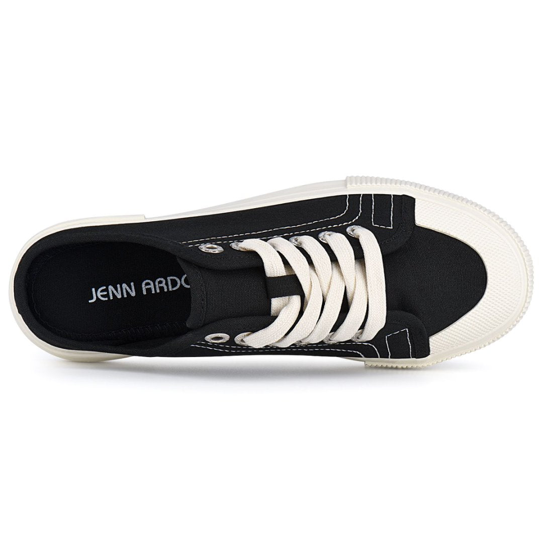 Black and white sneaker with 'Jenn Ardor' branding on a white background#color_black