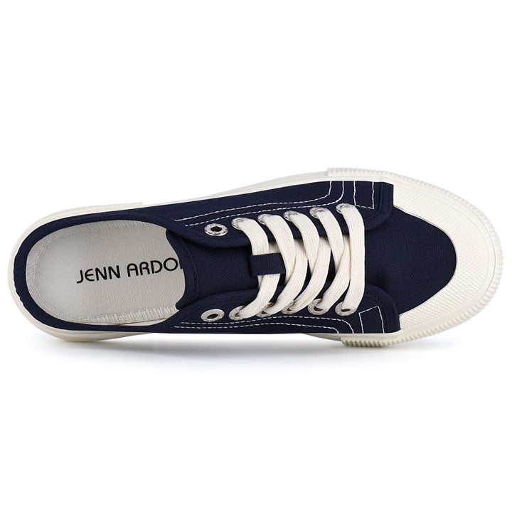 Navy blue sneaker with white laces on a white background#color_blue