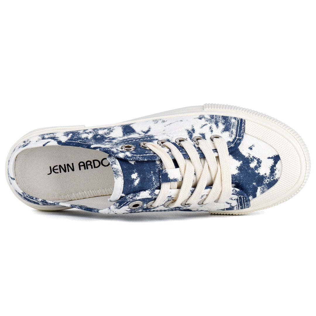 White and blue patterned sneaker with 'Jenn Ardor' branding on a white background#color_dark-blue-tie-dye