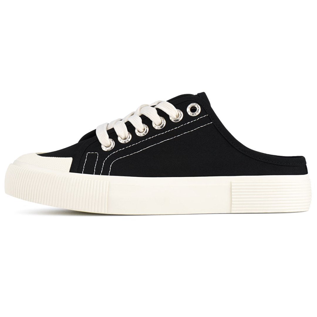 Black slip-on sneaker with white laces on a white background#color_black