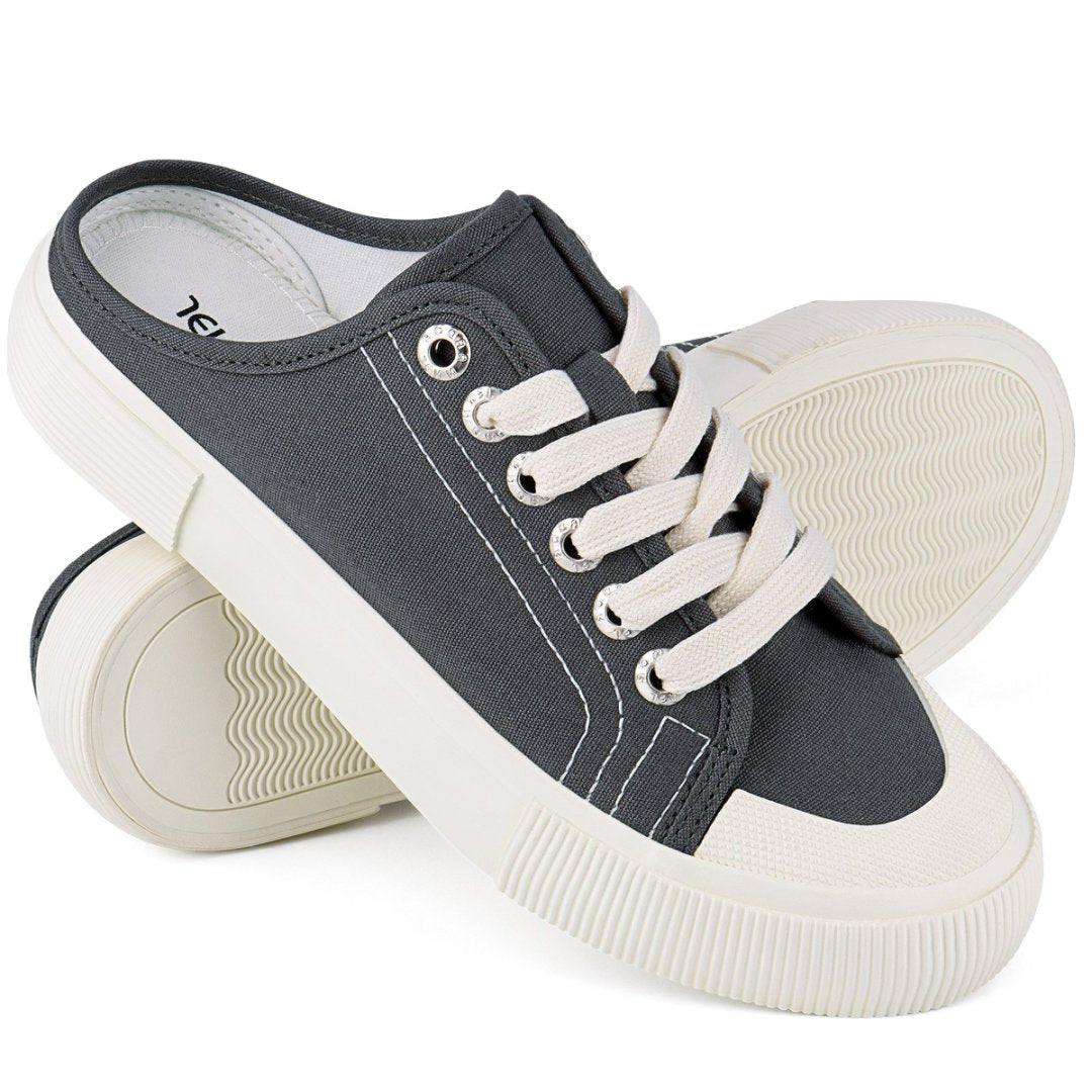 Pair of gray sneakers with white soles on a white background#color_grey
